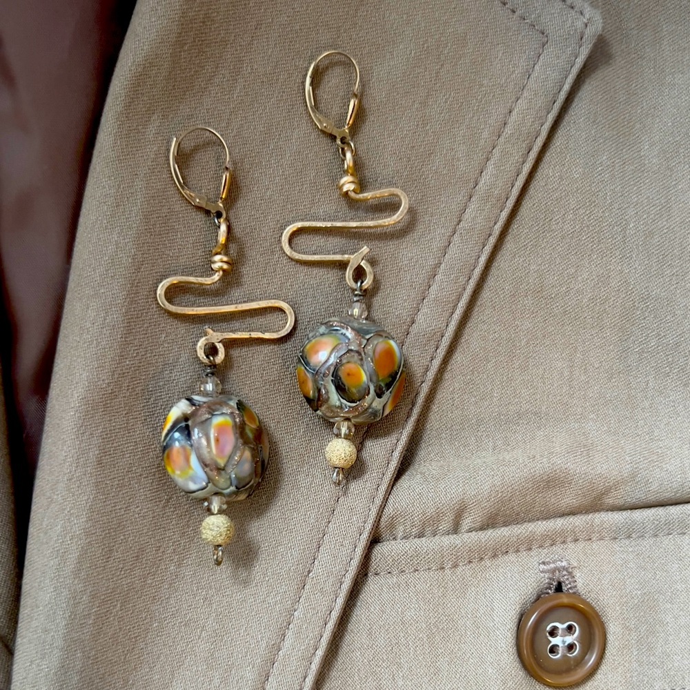 Handmade Gold/Orange Lampwork Glass Bead Earrings Artistic Egyptian Style Wiring